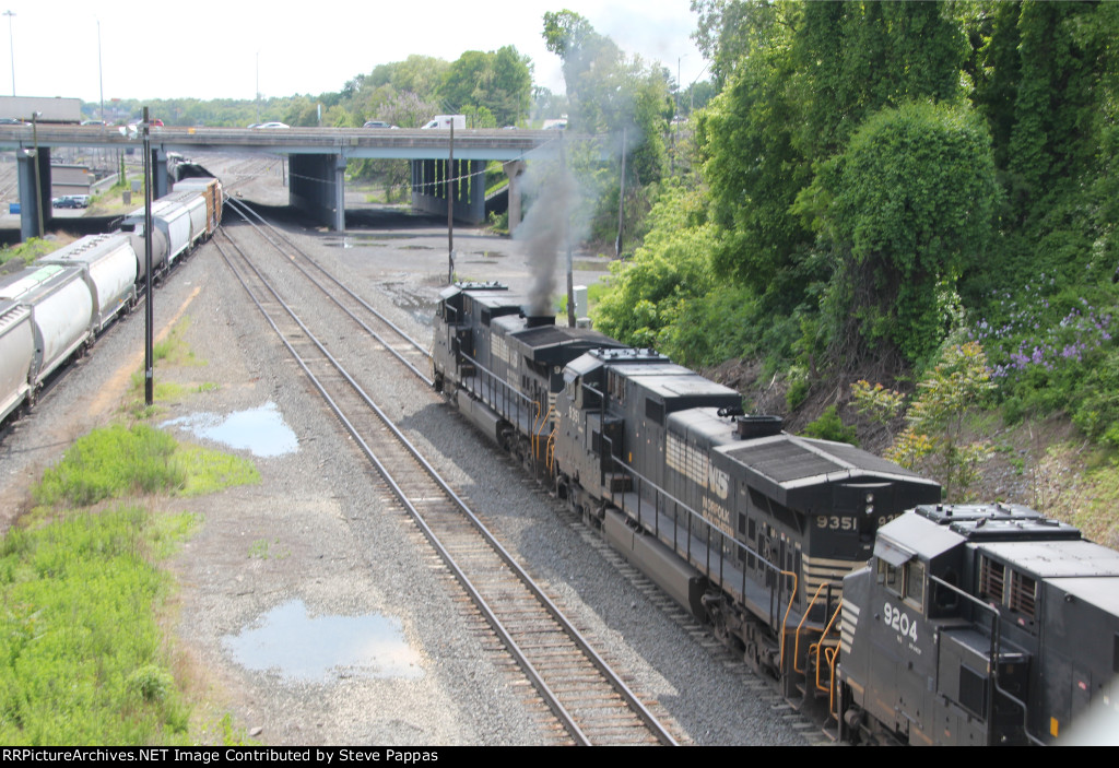 NS units making smoke as they drag a train  into Enola yard